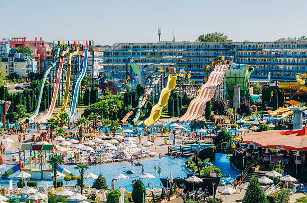 Sunny Beach, Bulgaria - September 1, 2015: Panoramic view of Water park Action in Sunny Beach with number of slides and swimming pools for children and adults.