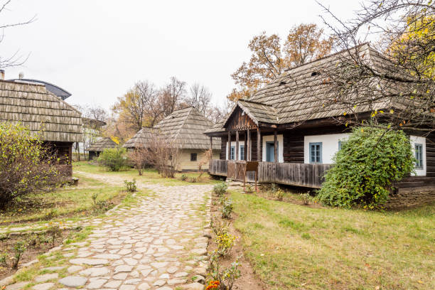 Authentic peasant farms and houses from all over Romania in Dimitrie Gusti National Village Museum, an open-air ethnographic museum located in the King Michael I Park, showcasing traditional Romanian village life