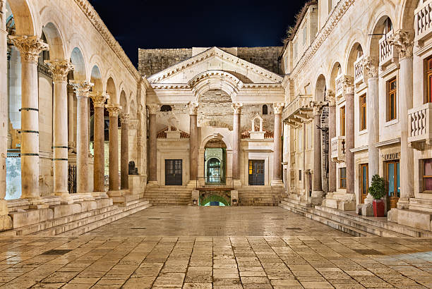Split, Сroatia - August 4, 2014: Peristyle of Diocletian's Palace at night with nobody around, an ancient palace built by the Roman emperor Diocletian