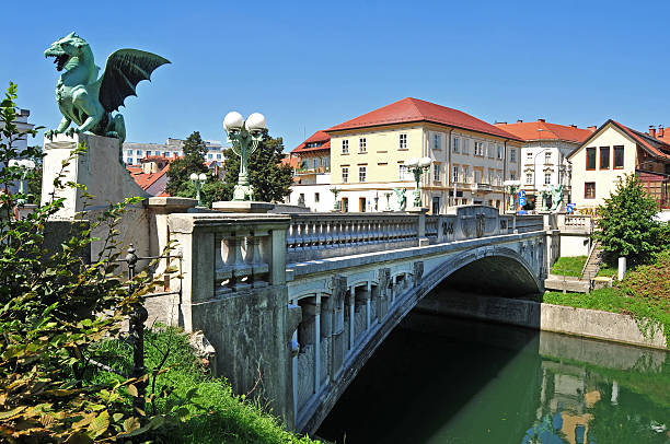 Dragon's bridge and Ljubljanica river beneath, Ljubljana, Slovenia