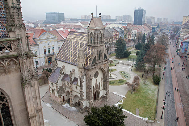 Kosice - Outlook from Saint Elizabeth cathedral to Saint Michaels chapel and the town in winter.