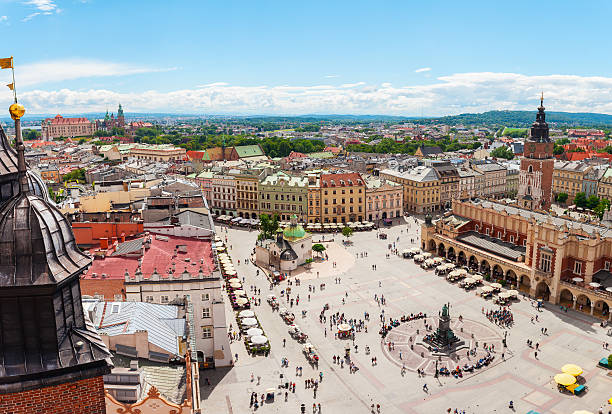 Aerial view on the central square and Sukiennice in Krakow. Market Square from the tower of the church of St. Mary. Poland. Cloth Hall.
