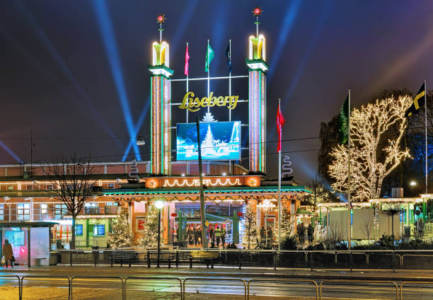 Gothenburg, Sweden - December 17, 2015: Main entrance of Liseberg park with Christmas decoration. Liseberg is one of the most visited amusement parks in Scandinavia and the most famous Christmas Market of Sweden. Photo taken outside the park territory.