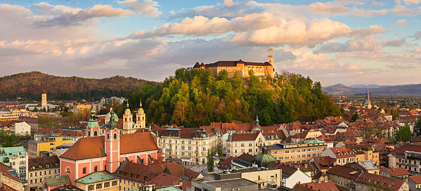 Panorama of the Slovenian capital Ljubljana at sunset.