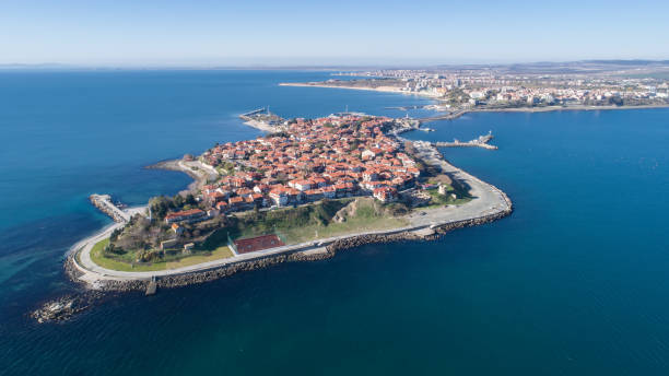 General view of Nessebar, ancient city on the Black Sea coast of Bulgaria. Panoramic aerial view.