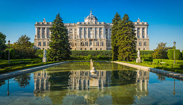 The historic facade of the Palacio Real reflecting in the still waters of the ornamental pond set amongst the green trees of the Sabatini Gardens in the heart of Madrid, Spain's vibrant capital city. ProPhoto RGB profile for maximum color fidelity and gamut.