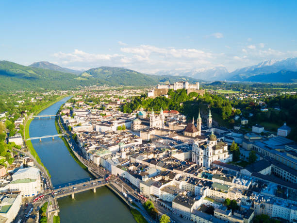 Salzburg city centre and Salzach river aerial panoramic view, Austria. Salzburg (literally "Salt Fortress or Salt Castle") is the fourth largest city in Austria.