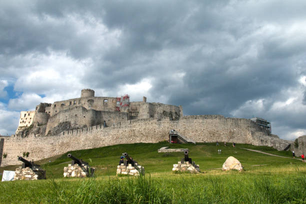 Spišské Podhradie Slovakia July 31, 2020 A row of cannons awaited the attackers in the Middle Ages at the Spissky hrad Szepes vár. Nowadays, it is a popular place for family excursions.