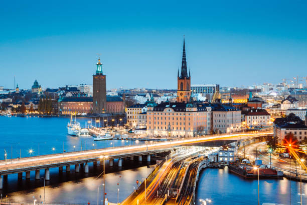 Panoramic view of Stockholm city center with famous Riddarholmen in Gamla Stan in beautiful twilight, Sodermalm, central Stockholm, Sweden