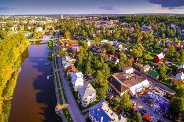 The beautiful sight of the city of Tartu in Estonia. The buildings bridges and lakes can be seen in the city