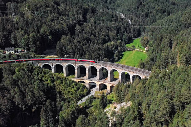 Aerial of train on Viaduct in Semmering railway, Austria