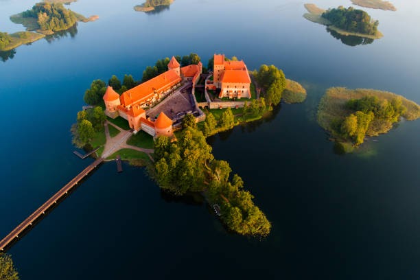 Trakai castle, Lithuania. Trakai castle view from above. Beautiful historic castle on island in the morning aerial view. Famous destination in Lithuania.
