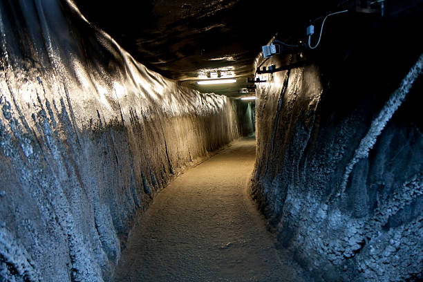 Turda, Romania. 02 July, 2015: Long tunnel in a salt mine in Turda