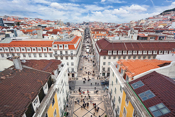 View over the central Baixa district and the pedestrian street Rua Augusta in Lisbon, Portugal.