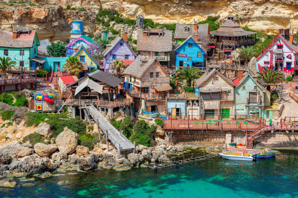 Mellieha, Malta - April 5, 2012: Popeye Village on the island of Malta, which was used as the set for Robert Altman's movie 'Popeye' (1980). It is now in use as an amusement park.